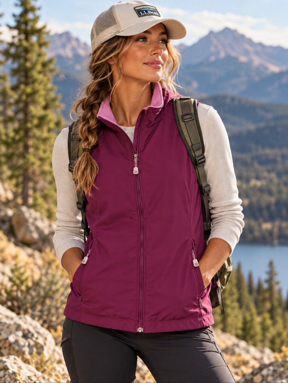 L.L.BEAN Vest Womens Medium Purple Fleece Lined Full Zip Outdoor Hiking Gorpcore